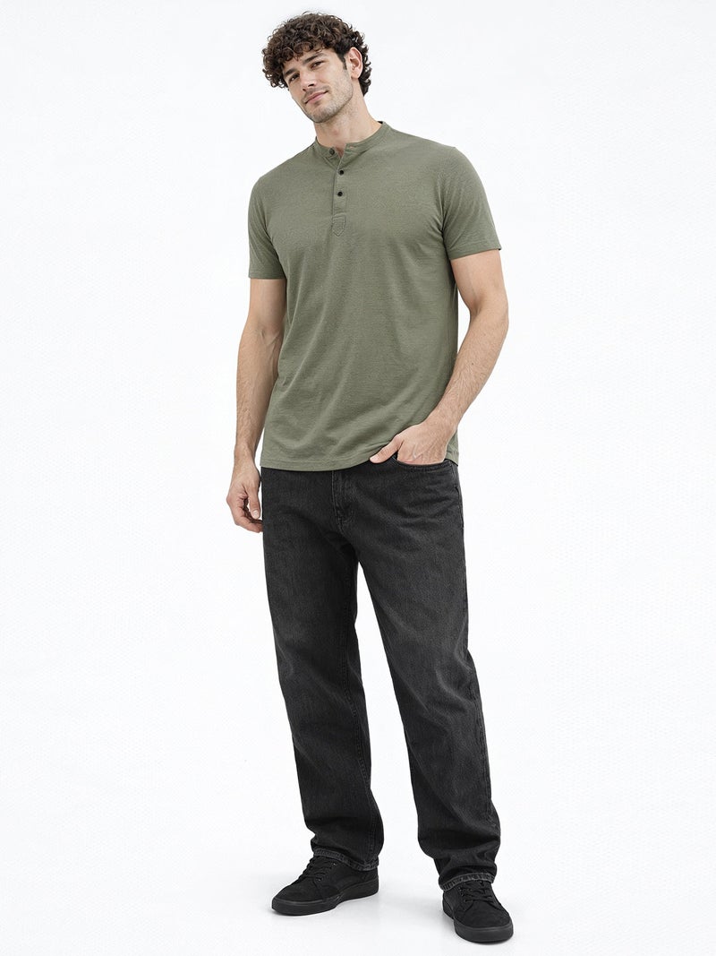 STATUS QUO Solid Henley Neck Regular Fit Sage T-shirt - Image 5