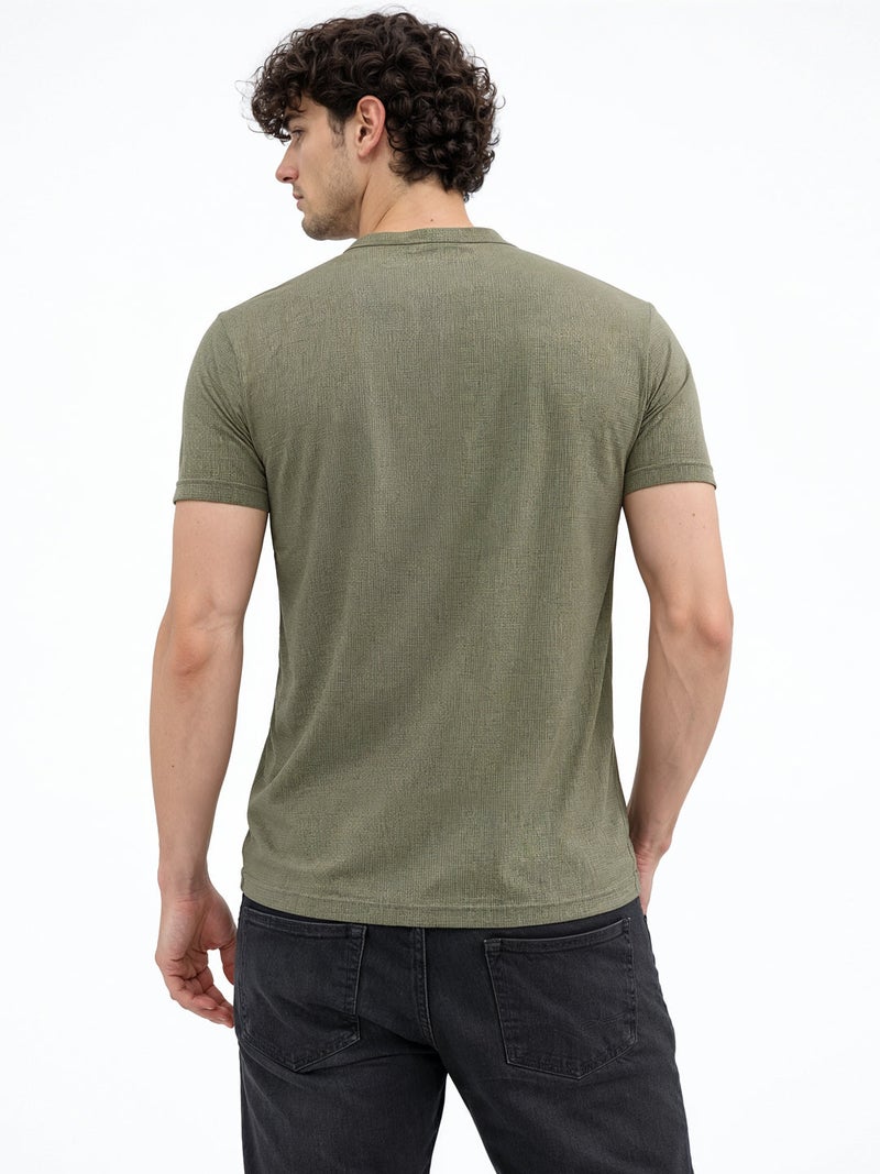 STATUS QUO Solid Henley Neck Regular Fit Sage T-shirt - Image 3