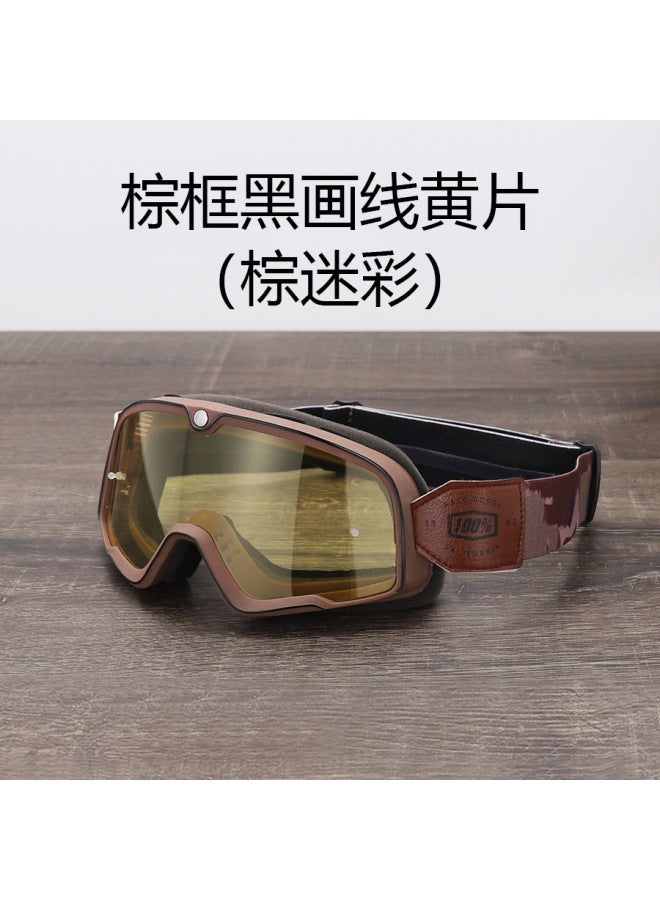 Retro Motocross Riding Goggles with Brown Camouflage Frame, Black Trim and Yellow Lens