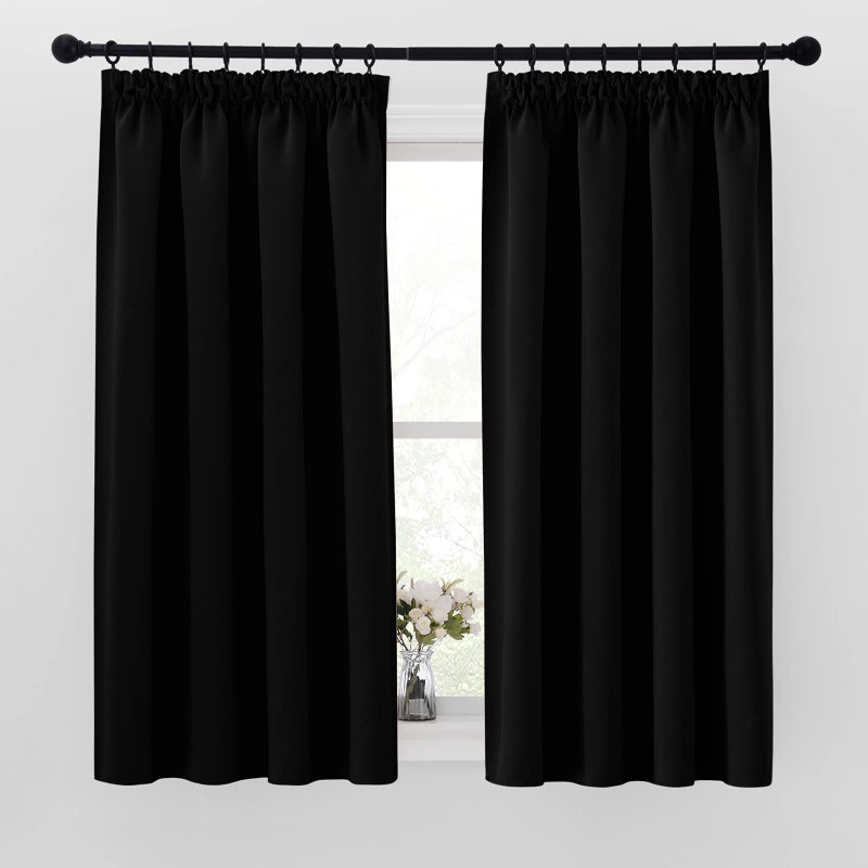 PONY DANCE Black Blackout Curtains Pencil Pleat  Thermal Curtains Light Blocking Window Treatments Energy Saving for Nursery BedroomKitchen W55 X L57 2 Panels