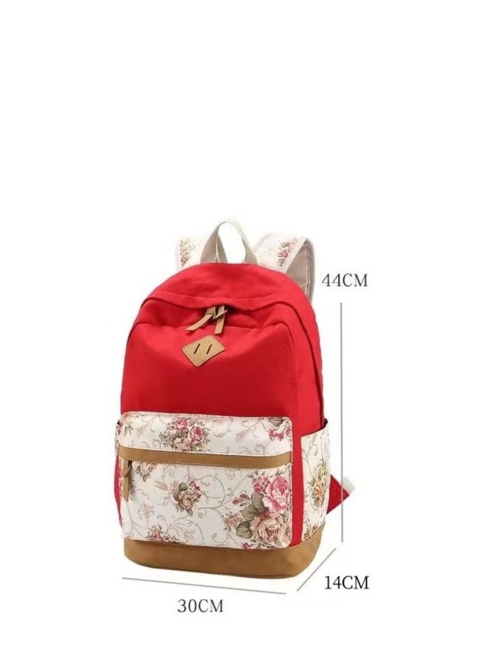 Generic - Polyester Printed Zipper Kids Backpack Set Girl Flower Printed Primary Junior High University Bag Lunch Bag Pencil Case 3pcs Backpack Sets Youth School Backpacks (Red) - Image 1