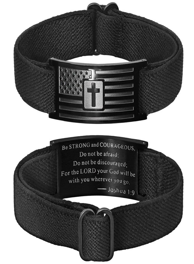 Nanafast Adjustable American Flag Cross Bible Verse Bracelet for Men Cross Christian Bracelets for Dad Husband Son Stainless Steel Elastic Wristband with Velvet Pouch-Black - Image 1