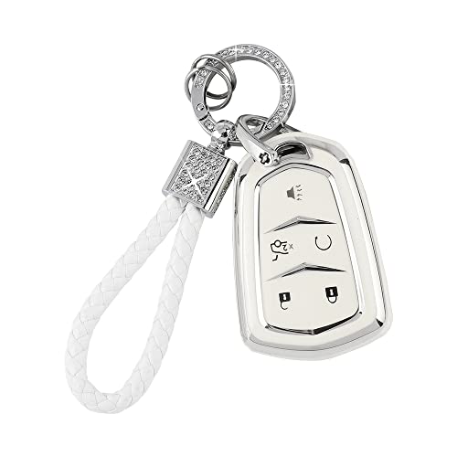 PIFOOG Key Fob Cover for Cadillac SRX CTS CT6 XTS XT5 XT6 XT4 ATS Accessories TPU 5 Button Keys Case Shell Protecor Glitter Car Keychain Girly Women White Silver - Image 1