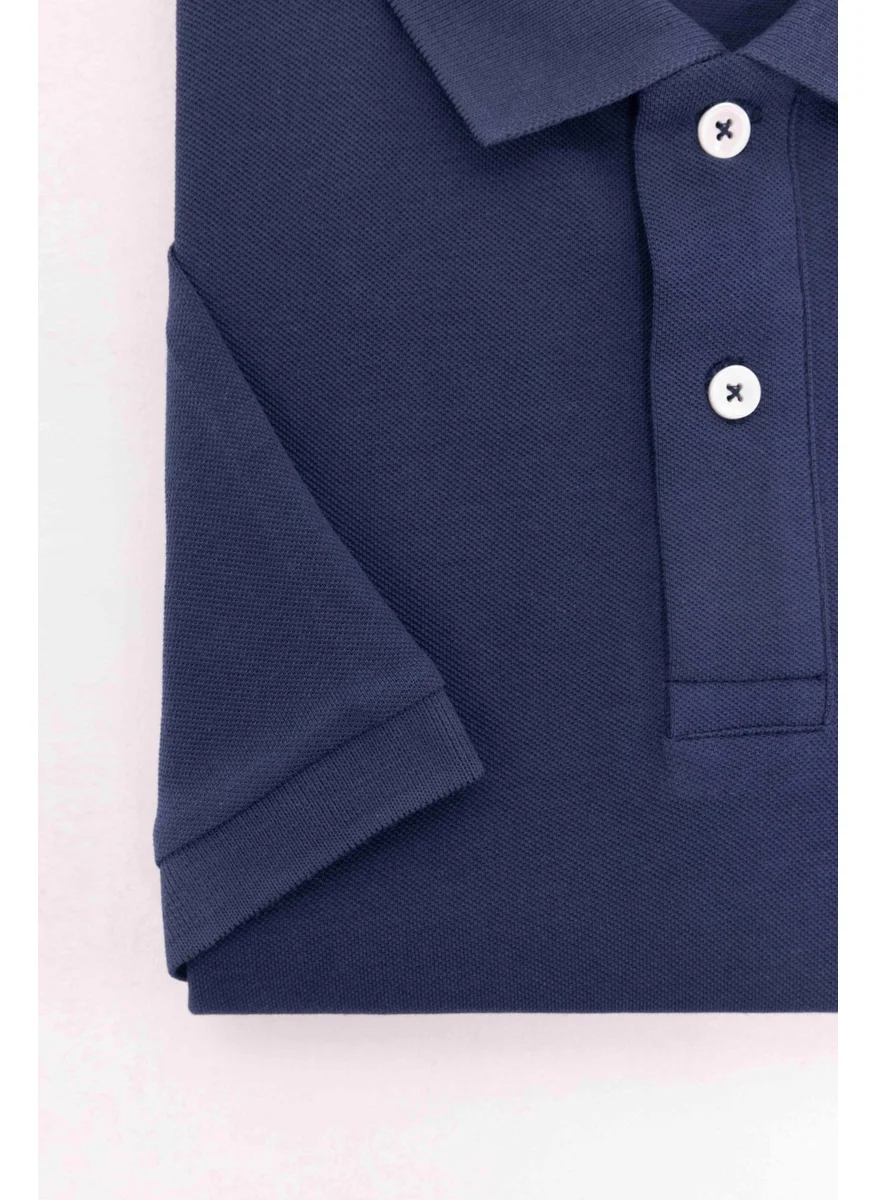 تودورس Men's Plus Size Wide Cut Cotton Plain Pique Navy Blue Polo Neck T-Shirt