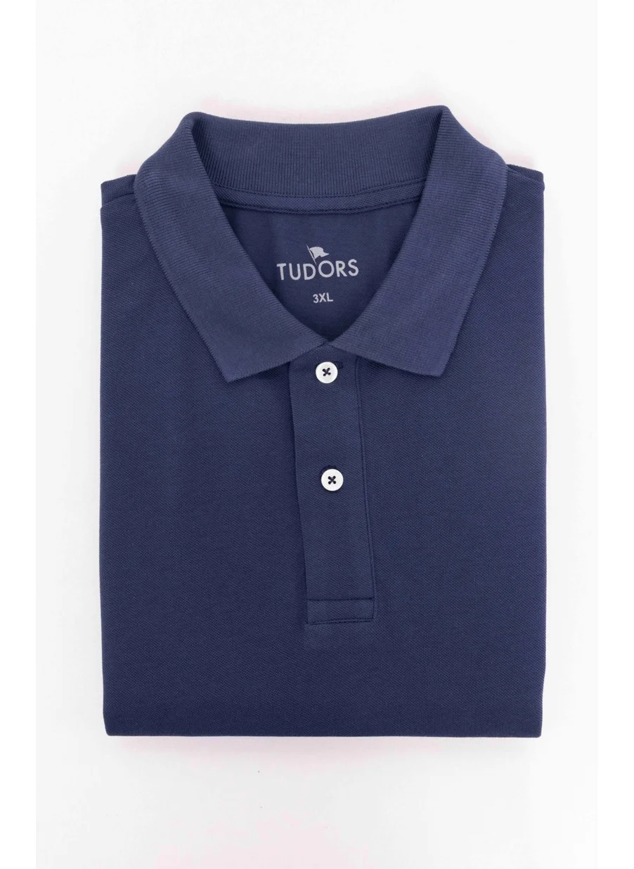 Tudors Men's Plus Size Wide Cut Cotton Plain Pique Navy Blue Polo Neck T-Shirt