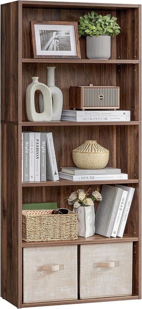 VASAGLE Custos Collection - Bookshelf, 5-Tier Bookcase, Book Shelf, Open Storage Shelf, 9.6 x 23.6 x 52.8 Inches, for Living Room, Home Office, Dinning Room, Natural Walnut