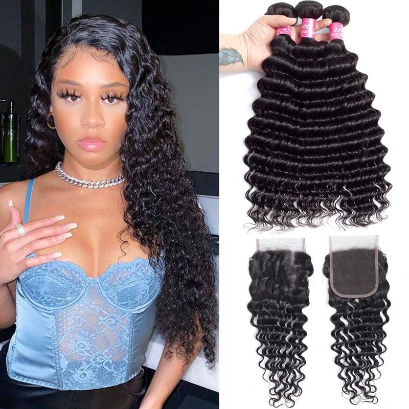 10A Deep Wave Human Hair Bundles with Closure18 20 2216 Closure Brazilian Deep Weave Curly Human Hair 3 Bundles with 4x4 Lace Closure 100 Unprocessed Virgin Human Hair Bundle Natural Color