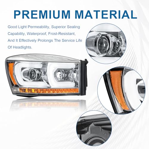 Fullux LED DRL Headlight Compatible with 2006-2008 Dodge Ram 1500 2500 3500 Left Right Side Replacement Headlamp w/Running Light Bar Chrome Housing Amber Reflector - Image 3