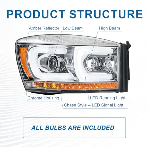 Fullux LED DRL Headlight Compatible with 2006-2008 Dodge Ram 1500 2500 3500 Left Right Side Replacement Headlamp w/Running Light Bar Chrome Housing Amber Reflector - Image 4