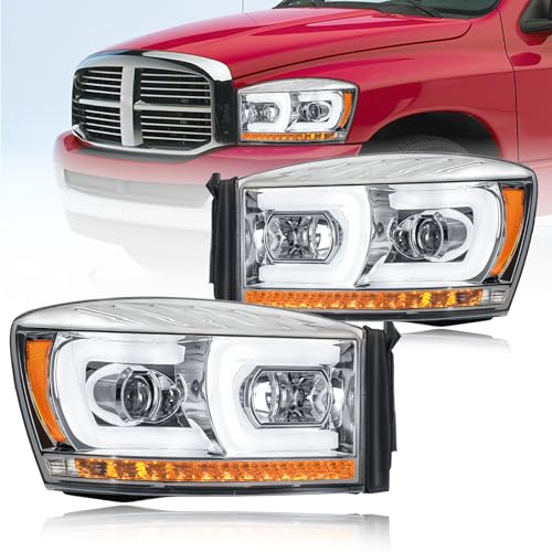 Fullux LED DRL Headlight Compatible with 2006-2008 Dodge Ram 1500 2500 3500 Left Right Side Replacement Headlamp w/Running Light Bar Chrome Housing Amber Reflector - Image 1
