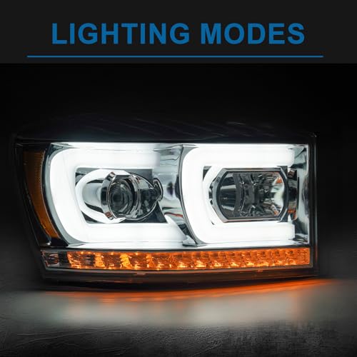 Fullux LED DRL Headlight Compatible with 2006-2008 Dodge Ram 1500 2500 3500 Left Right Side Replacement Headlamp w/Running Light Bar Chrome Housing Amber Reflector - Image 2