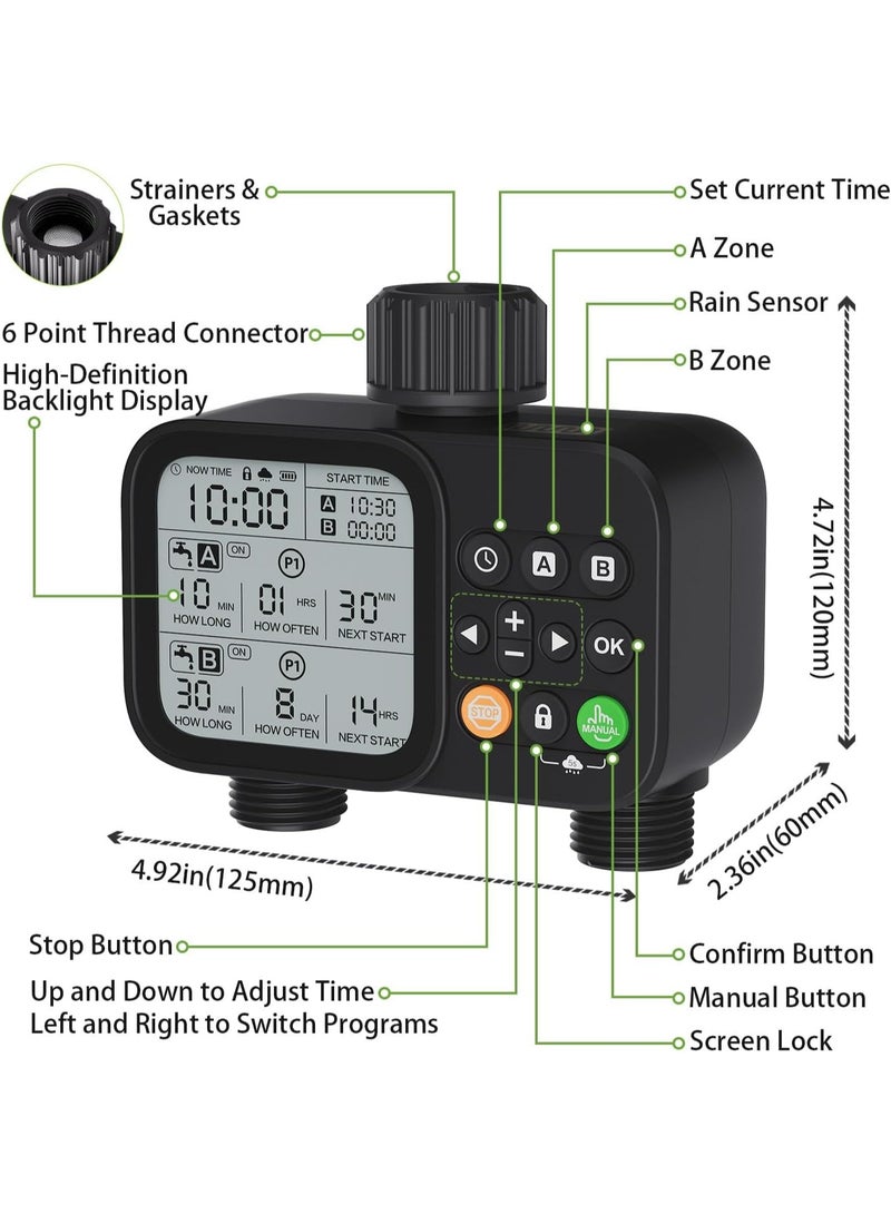 Ru syanl Sprinkler Timer for Outdoor Garden Hose with Large LCD Display - 2 Outlet 8 Programmable Water Timer with Rain Delay & Manual/Automatic Modes Weatherproof Irrigation System for Yard Lawn  - Image 2
