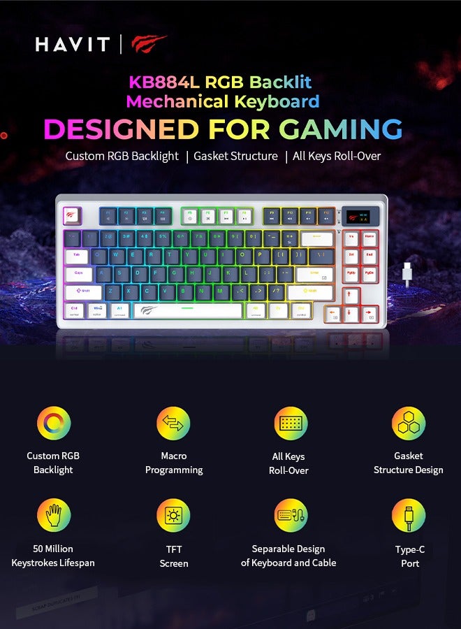 هافيت لوحة مفاتيح الألعاب، لوحة مفاتيح كمبيوتر صامتة بإضاءة خلفية RGB مكونة من 83 مفتاح، متوافقة مع أي كمبيوتر - Image 2