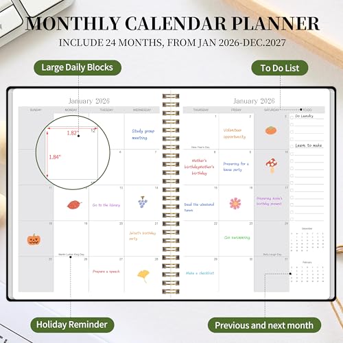 Kamoy 2026-2027 Monthly Planner - Jan.2026 - Dec. 2027, 2 Year Calendar 2026-2027 Monthly Planner, 7.5" x 10", 24 Months Calendar Planner with Note Pages, Twin-wire Binding, for Office, School Home Planning - Black - Image 3