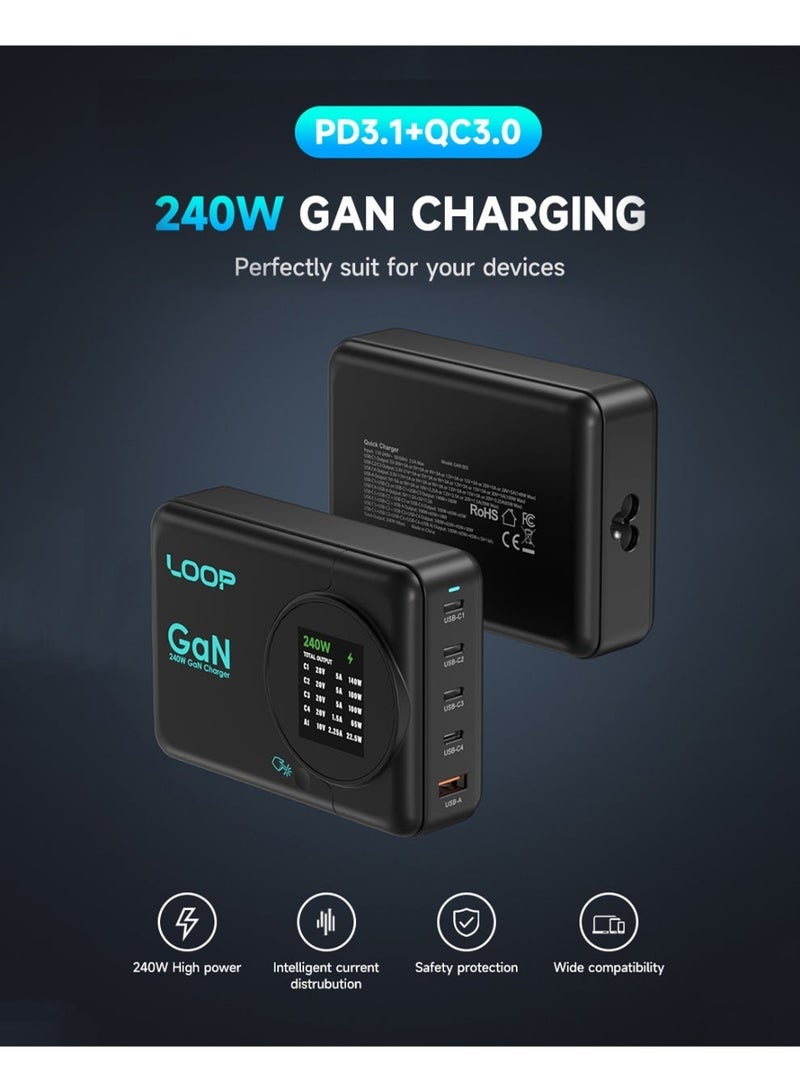 لووب شاحن LOOP 240W المكتبي بتقنية GaN، محطة شحن سريع ذات 5 منافذ، متوافق مع أجهزة MacBook وiPhone وSamsung والأجهزة اللوحية - Image 2