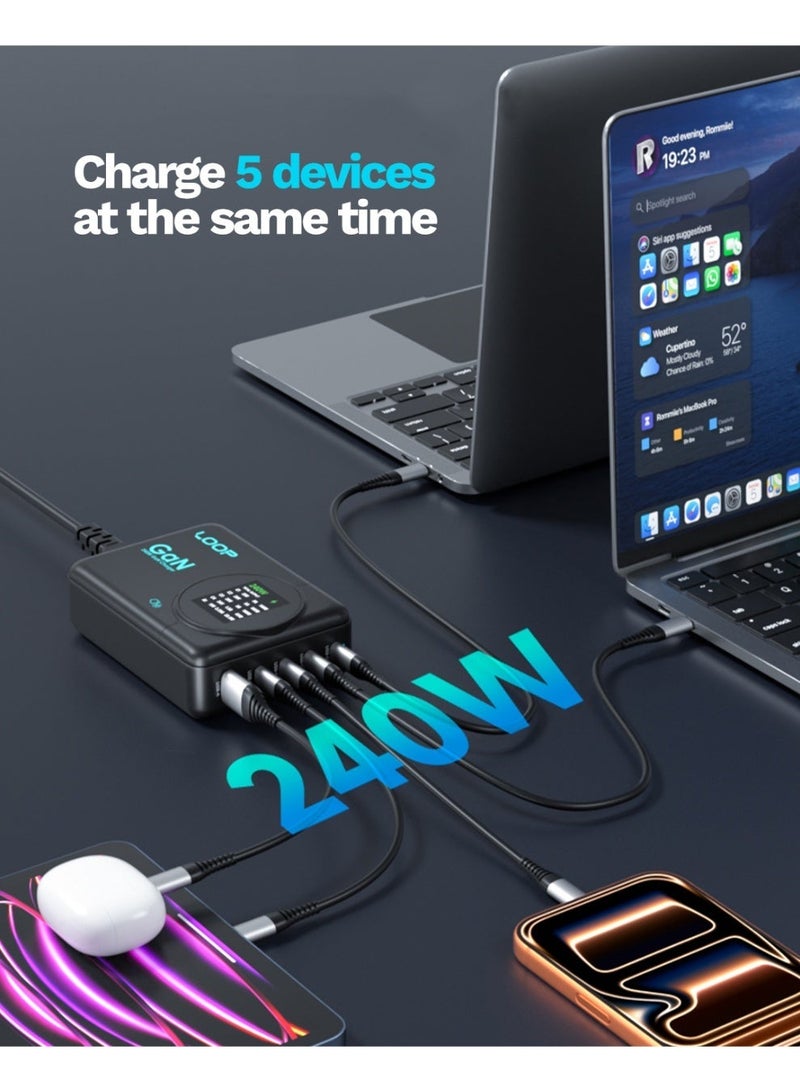 لووب شاحن LOOP 240W المكتبي بتقنية GaN، محطة شحن سريع ذات 5 منافذ، متوافق مع أجهزة MacBook وiPhone وSamsung والأجهزة اللوحية - Image 4