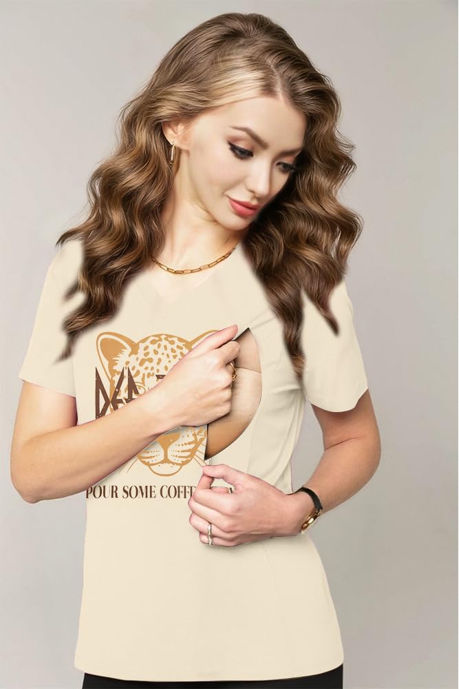 LUKYCILD Nursing Shirts for Breastfeeding Women Zipper Nursing Maternity Graphic Tee Mama Breast Feeding V Neck Tops Apricot - Image 3