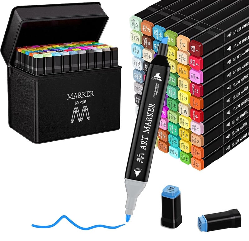 Bennort 60 Colors Alcohol Markers Sketch Pen with Carrying Case for Painting Sketching Calligraphy Drawing,Fine & Chisel Tip Art Markers Set,Permanent Colouring Marker for Kids Adult, Multicolor (60) - Image 1