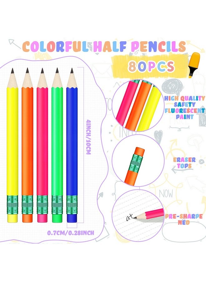 Nezyo 80 Pcs Mini Pencils With Eraser Golf Pencils 2 Hb Half Pencils 4 Inch Half Pencils Hexagon Pre-Sharpened Color Pencils For Bridal Wedding Classroom School Office (Neon Color, Classic Style) - Image 2
