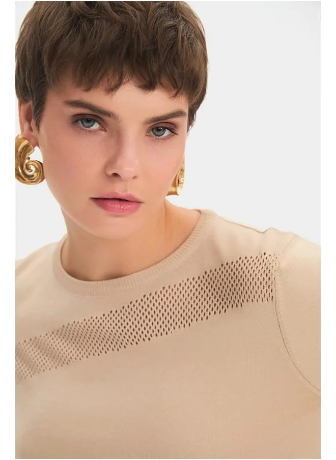 JUNE June Women Exclusive Openwork Detailed Viscose Blend Knitwear Sweater Powder