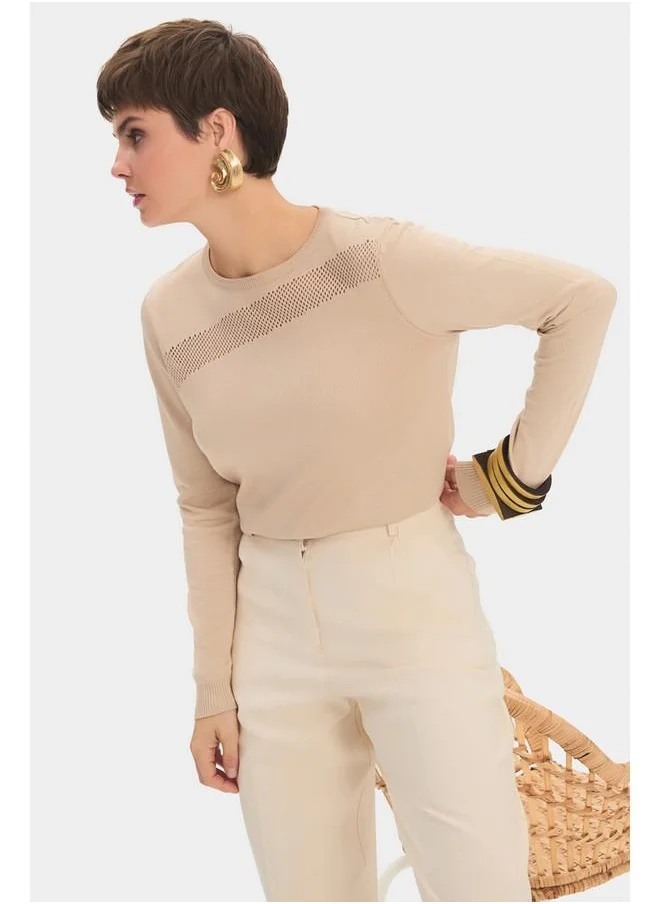 JUNE June Women Exclusive Openwork Detailed Viscose Blend Knitwear Sweater Powder