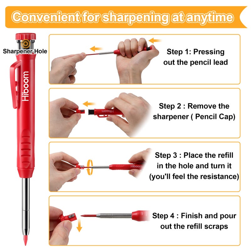 HI-BOOM Hiboom 4 Pack Carpenter Pencils with 36 Refills (Red, Black, Yellow), 2.8 mm Heavy Duty Woodworking Marking Tool Built In Sharpener Ideal for Marking on Solid Long Nosed Deep Hole(Multi Colors) - Image 5