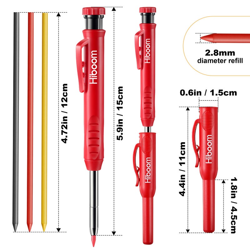 HI-BOOM Hiboom 4 Pack Carpenter Pencils with 36 Refills (Red, Black, Yellow), 2.8 mm Heavy Duty Woodworking Marking Tool Built In Sharpener Ideal for Marking on Solid Long Nosed Deep Hole(Multi Colors) - Image 2