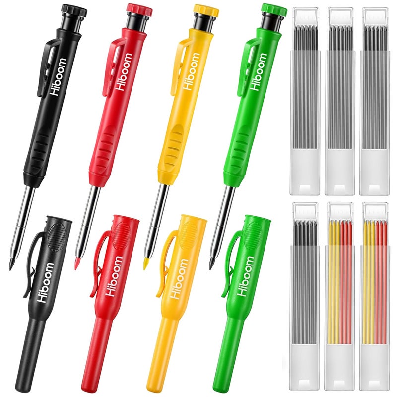 HI-BOOM Hiboom 4 Pack Carpenter Pencils with 36 Refills (Red, Black, Yellow), 2.8 mm Heavy Duty Woodworking Marking Tool Built In Sharpener Ideal for Marking on Solid Long Nosed Deep Hole(Multi Colors) - Image 1