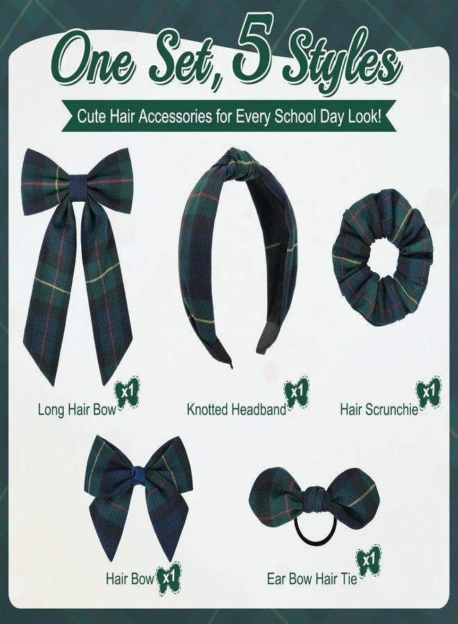 DEEKA 5 Styles Uniform Plaid Long Tail Hair Bows Knotted Headband Scrunchies Bow Set Alligator Clips Back to School Accessories for Toddler Little School Girls (Dark Green, Navy, Red&Yellow 5 Styles) - Image 3