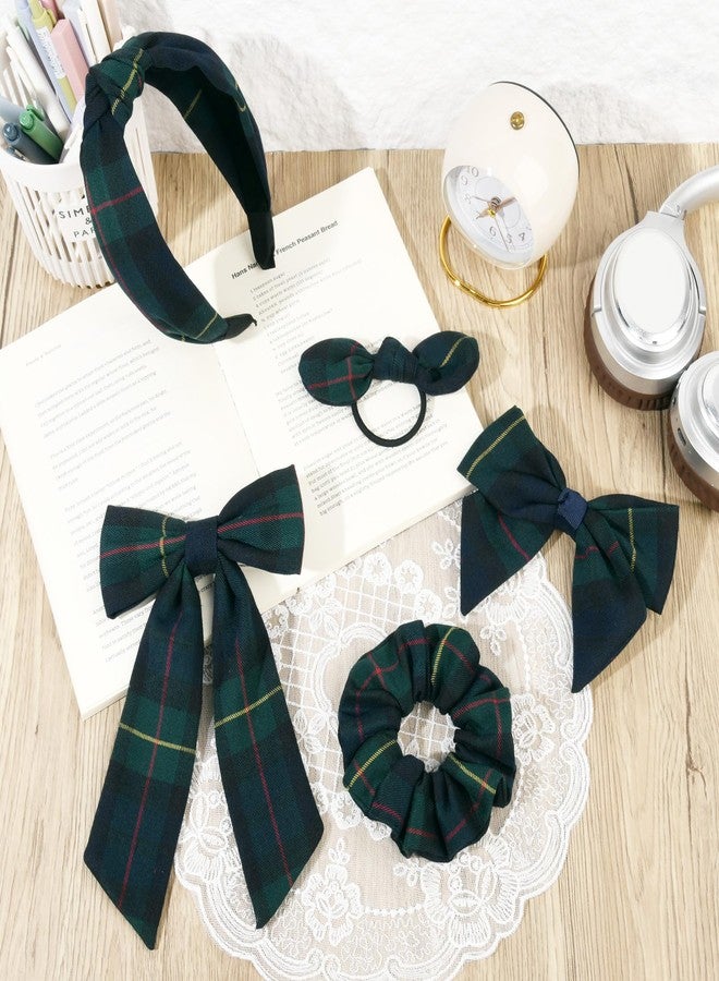 DEEKA 5 Styles Uniform Plaid Long Tail Hair Bows Knotted Headband Scrunchies Bow Set Alligator Clips Back to School Accessories for Toddler Little School Girls (Dark Green, Navy, Red&Yellow 5 Styles) - Image 5