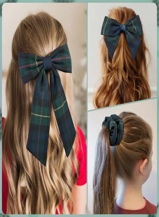DEEKA 5 Styles Uniform Plaid Long Tail Hair Bows Knotted Headband Scrunchies Bow Set Alligator Clips Back to School Accessories for Toddler Little School Girls (Dark Green, Navy, Red&Yellow 5 Styles) - Image 4