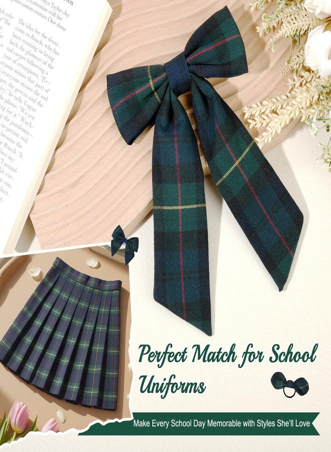 DEEKA 5 Styles Uniform Plaid Long Tail Hair Bows Knotted Headband Scrunchies Bow Set Alligator Clips Back to School Accessories for Toddler Little School Girls (Dark Green, Navy, Red&Yellow 5 Styles) - Image 2
