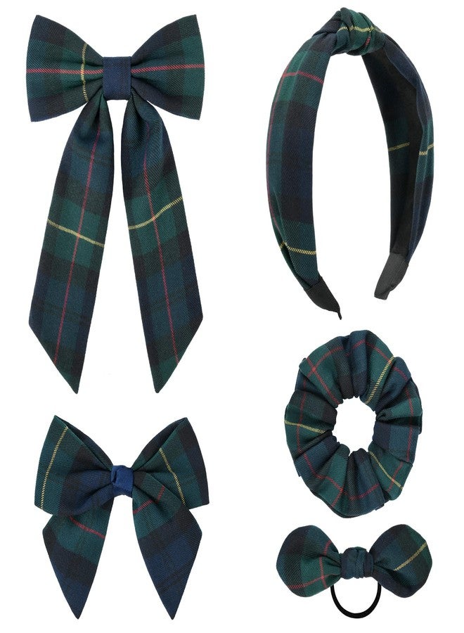 DEEKA 5 Styles Uniform Plaid Long Tail Hair Bows Knotted Headband Scrunchies Bow Set Alligator Clips Back to School Accessories for Toddler Little School Girls (Dark Green, Navy, Red&Yellow 5 Styles) - Image 1