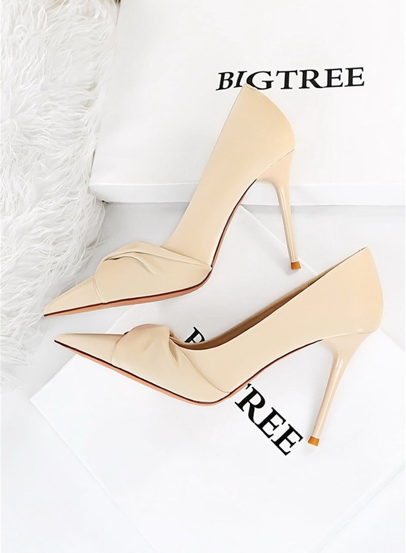 BIGTREE 10cm Elegant Party Heels Slim Pedicure Thin Mouth Pointy Bow Woman Beige - Image 2
