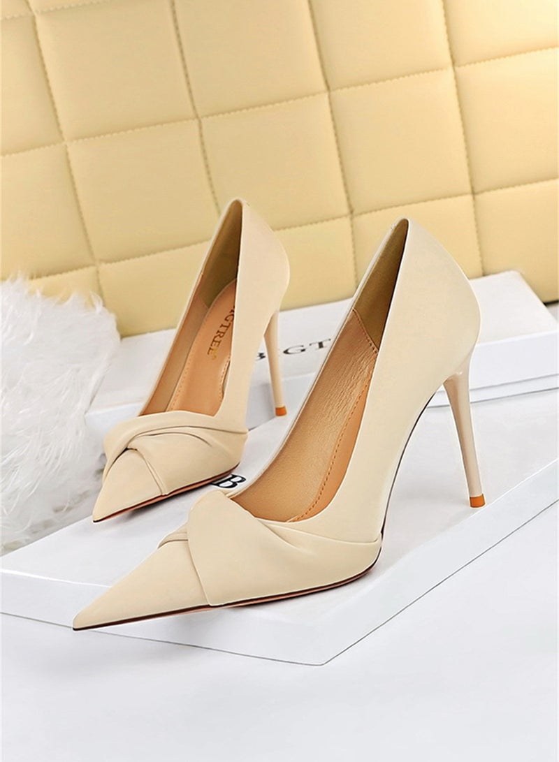 BIGTREE 10cm Elegant Party Heels Slim Pedicure Thin Mouth Pointy Bow Woman Beige - Image 1