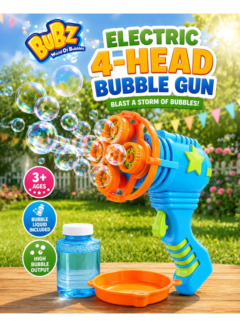 BUBZ Electric 4-Head Bubble Gun Blaster for Kids with Bubble Liquid & Dipping Tray, Multi-Nozzle Automatic Bubble Shooter Toy, High Bubble Output Fan Powered Outdoor Party Bubble Machine for Boys & Girls 3+ Years - Image 1