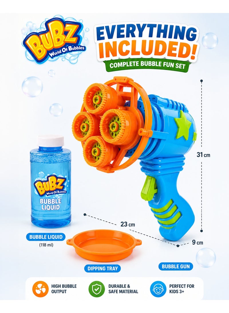 BUBZ Electric 4-Head Bubble Gun Blaster for Kids with Bubble Liquid & Dipping Tray, Multi-Nozzle Automatic Bubble Shooter Toy, High Bubble Output Fan Powered Outdoor Party Bubble Machine for Boys & Girls 3+ Years - Image 2