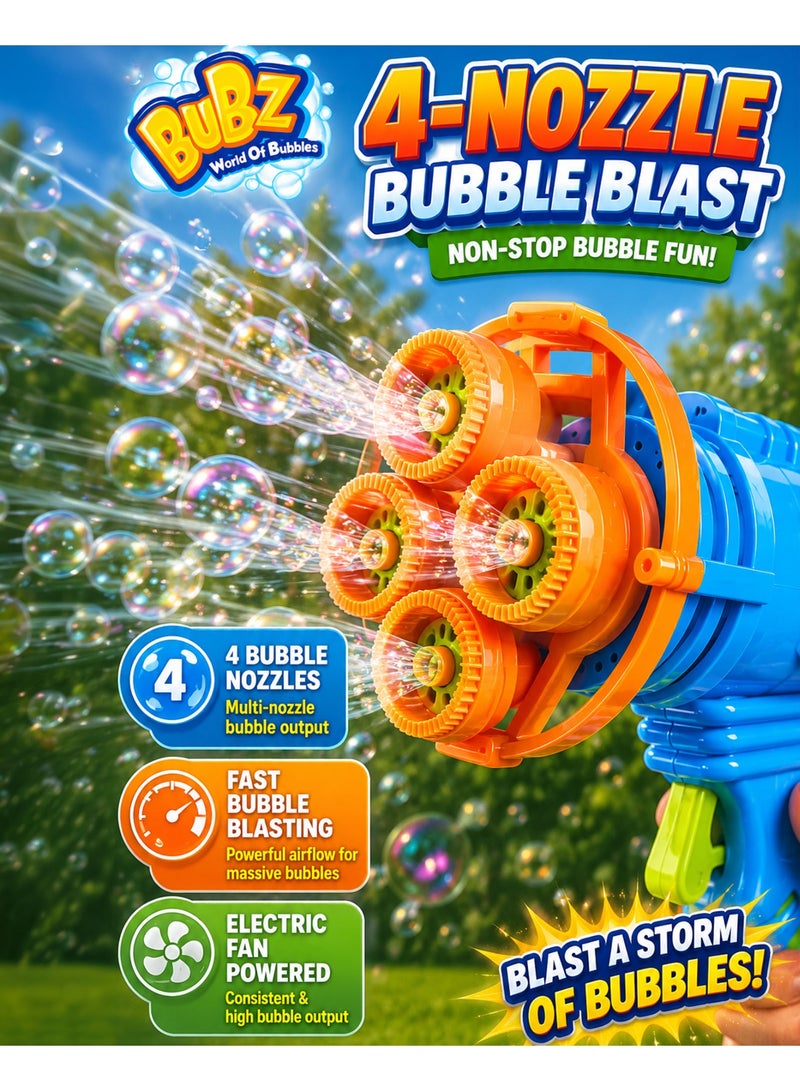 BUBZ Electric 4-Head Bubble Gun Blaster for Kids with Bubble Liquid & Dipping Tray, Multi-Nozzle Automatic Bubble Shooter Toy, High Bubble Output Fan Powered Outdoor Party Bubble Machine for Boys & Girls 3+ Years - Image 4