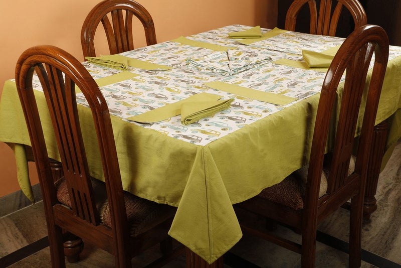 Dekor World Polyester Blend Car Printed Table Cover with Place Mat & Napkin - Green, 25 Piece - Image 1