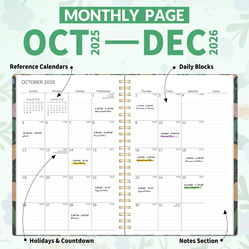 GNL 2026 Planner, Weekly and Monthly Planner January - December 2026, 6.4" x 8.3" Monthly Agenda Planner with Waterproof Flexible Cover, Spiral Binding Notebook with Tab, Pockets, Bookmark, Flower - Image 3