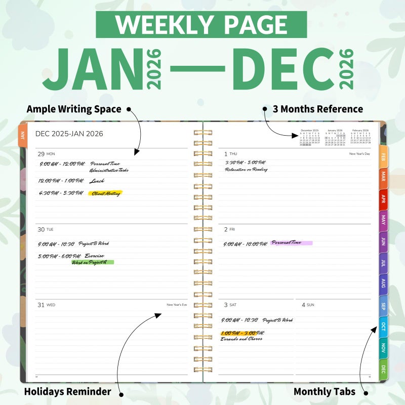 GNL 2026 Planner, Weekly and Monthly Planner January - December 2026, 6.4" x 8.3" Monthly Agenda Planner with Waterproof Flexible Cover, Spiral Binding Notebook with Tab, Pockets, Bookmark, Flower - Image 2