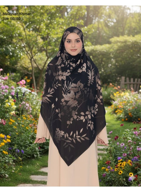 Malaysian Printed Women's Khimar – Lightweight and Stay-Up Fabric – Elegant Design with Delicate Prints – Size 150x150