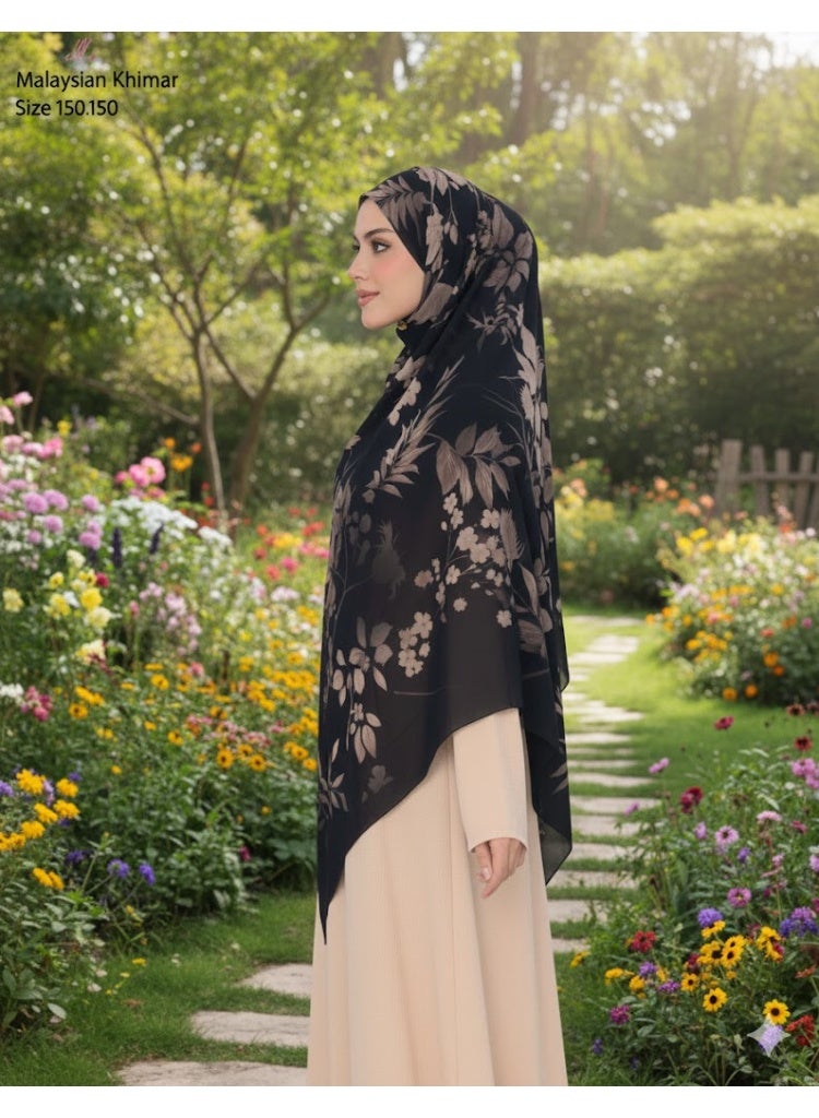 ELLE Malaysian Printed Women's Khimar – Lightweight and Stay-Up Fabric – Elegant Design with Delicate Prints – Size 150x150 - Image 2