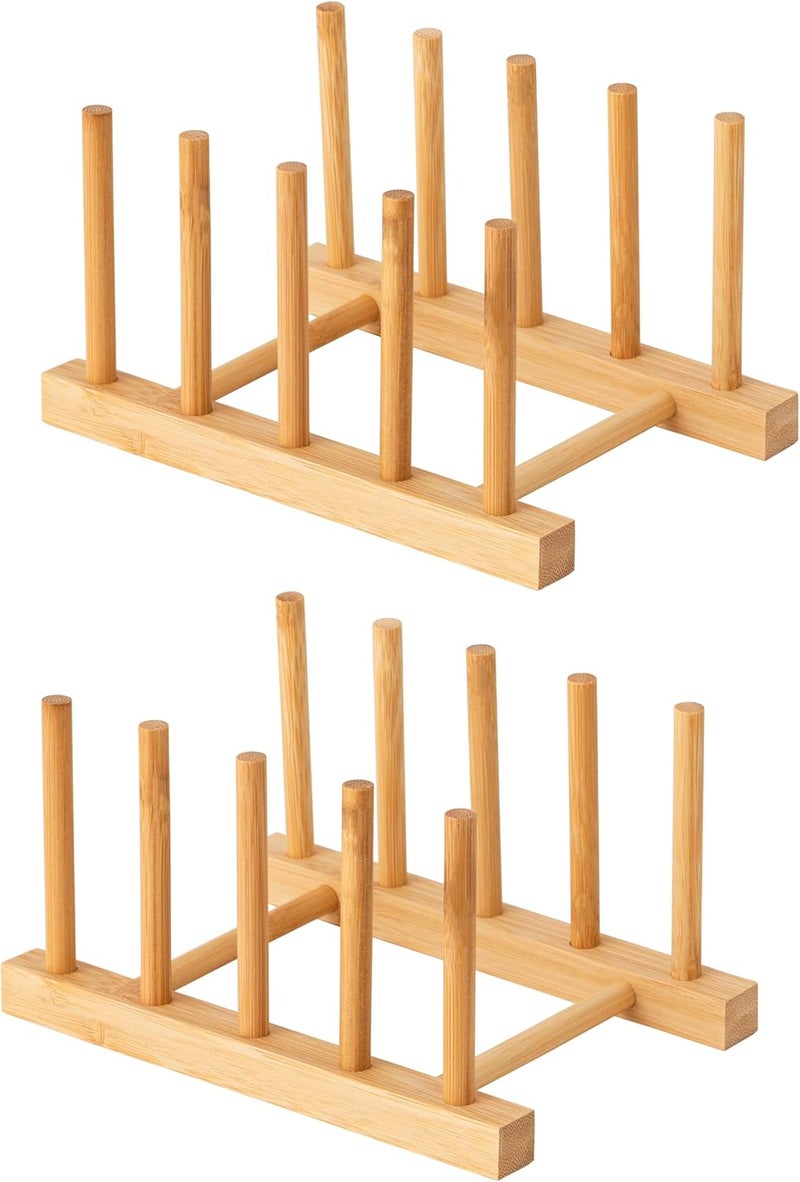 HBlife 2pcs Bamboo Dish Plate Bowl Cup Book Pot Lid Cutting Board Drying Rack Stand Drainer Storage Holder Organizer Kitchen Cabinet - Image 1