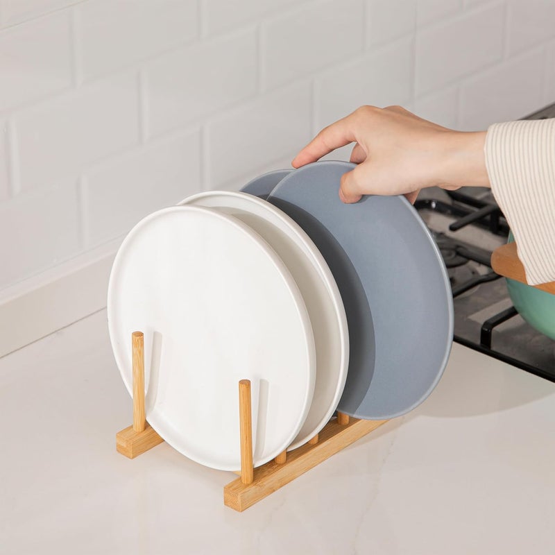HBlife 2pcs Bamboo Dish Plate Bowl Cup Book Pot Lid Cutting Board Drying Rack Stand Drainer Storage Holder Organizer Kitchen Cabinet - Image 4