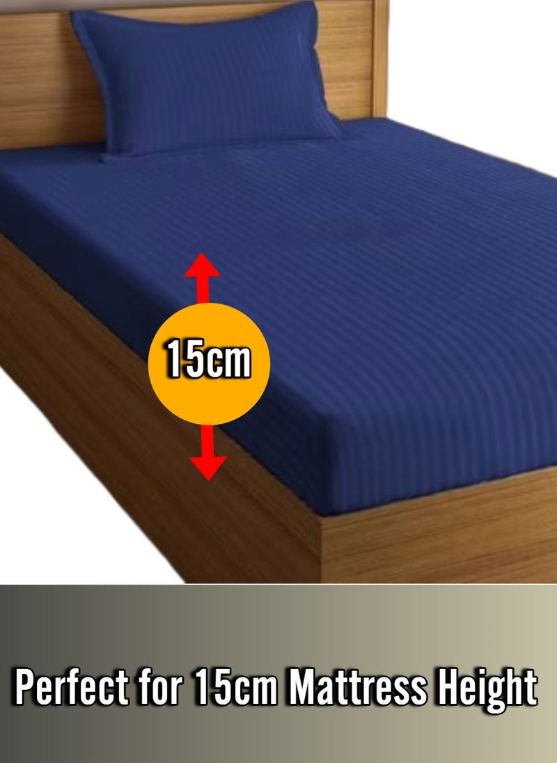 طقم ملاءات سرير مخططة بجيب عميق باللون الأزرق الداكن قطن 100x200 + 15 سم - Image 2