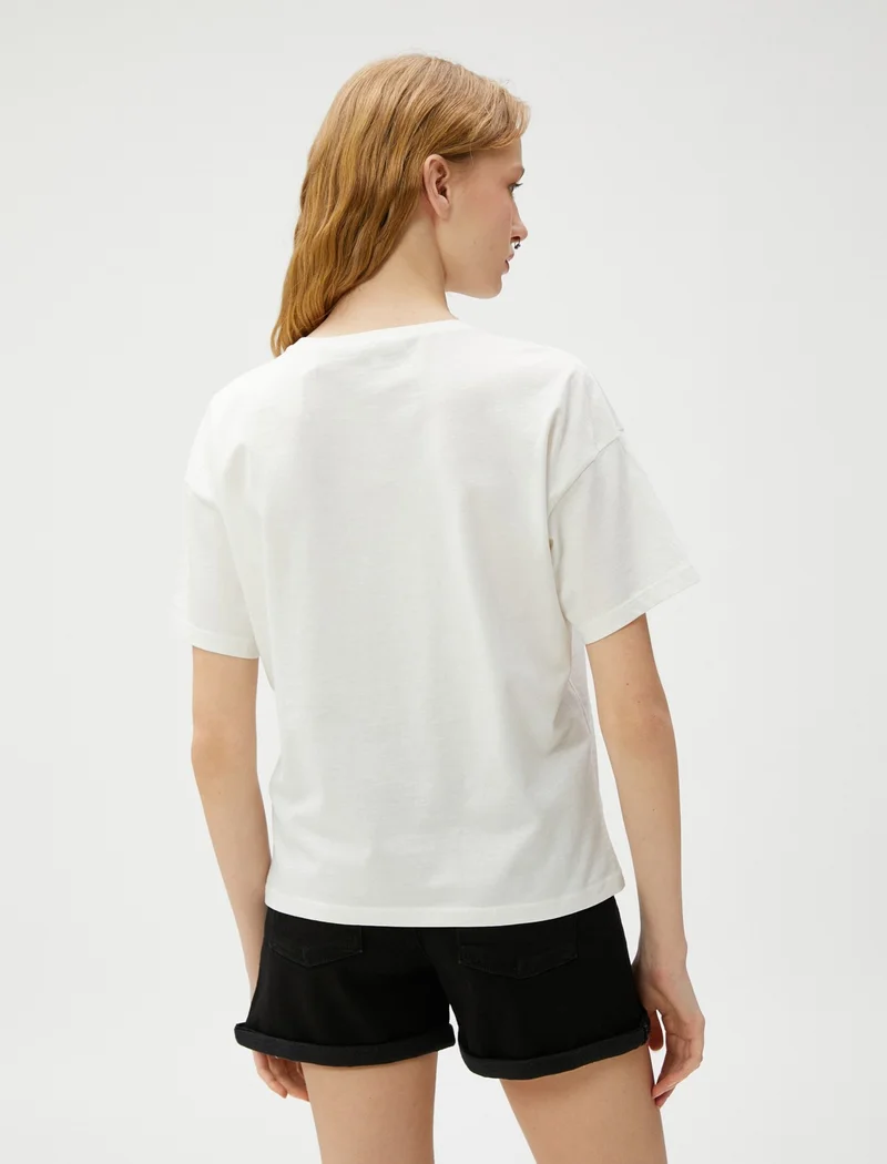 كوتون Crew Neck T-Shirt Short Sleeve Slogan Embroidered Cotton