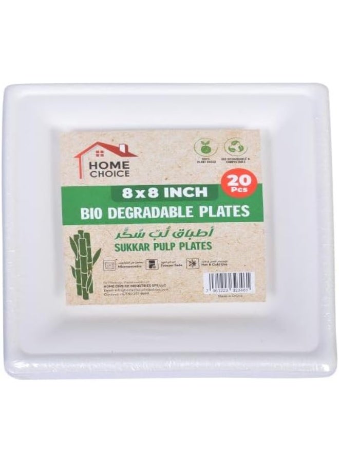 HOME CHOICE 20-Pieces Plates, 8 x 8 Size, Disposable Square Sugar Cane Plate - Image 1