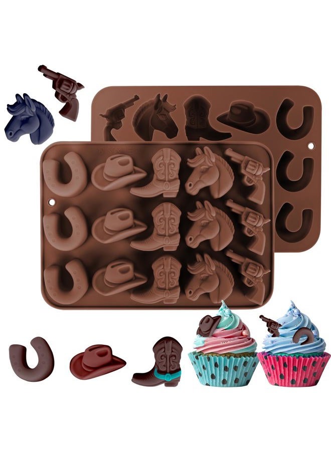 Fuehbur Western Themed Cowboy Candy Silicone Molds 2PCS, Chocolate Jello Moulds with Horse Head Boot Hat Saddle Design, 15 Cavity Ice Mold Pudding Soap Cookie Molds for Cake Desserts Cupcake Making - Image 1