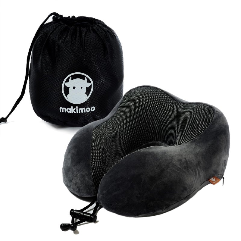 Makimoo Memory Foam Travel Pillow Neck Pillow with 360Degree Head Support Comfortable and Lightweight Ideal for Sleeping on Airplane Car Train Bus and Home Use Comes with Storage Bag Grey